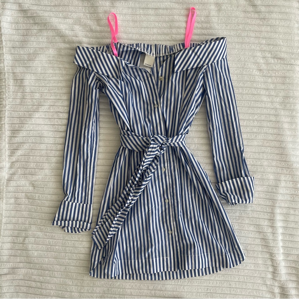 Pinko Shirt Dress with Wraparound Bow Belt & Pink Straps